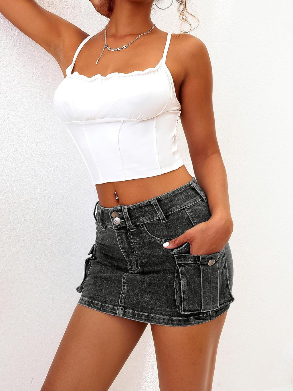 High Stretchy Cargo Skirt for Women White Leopard Print