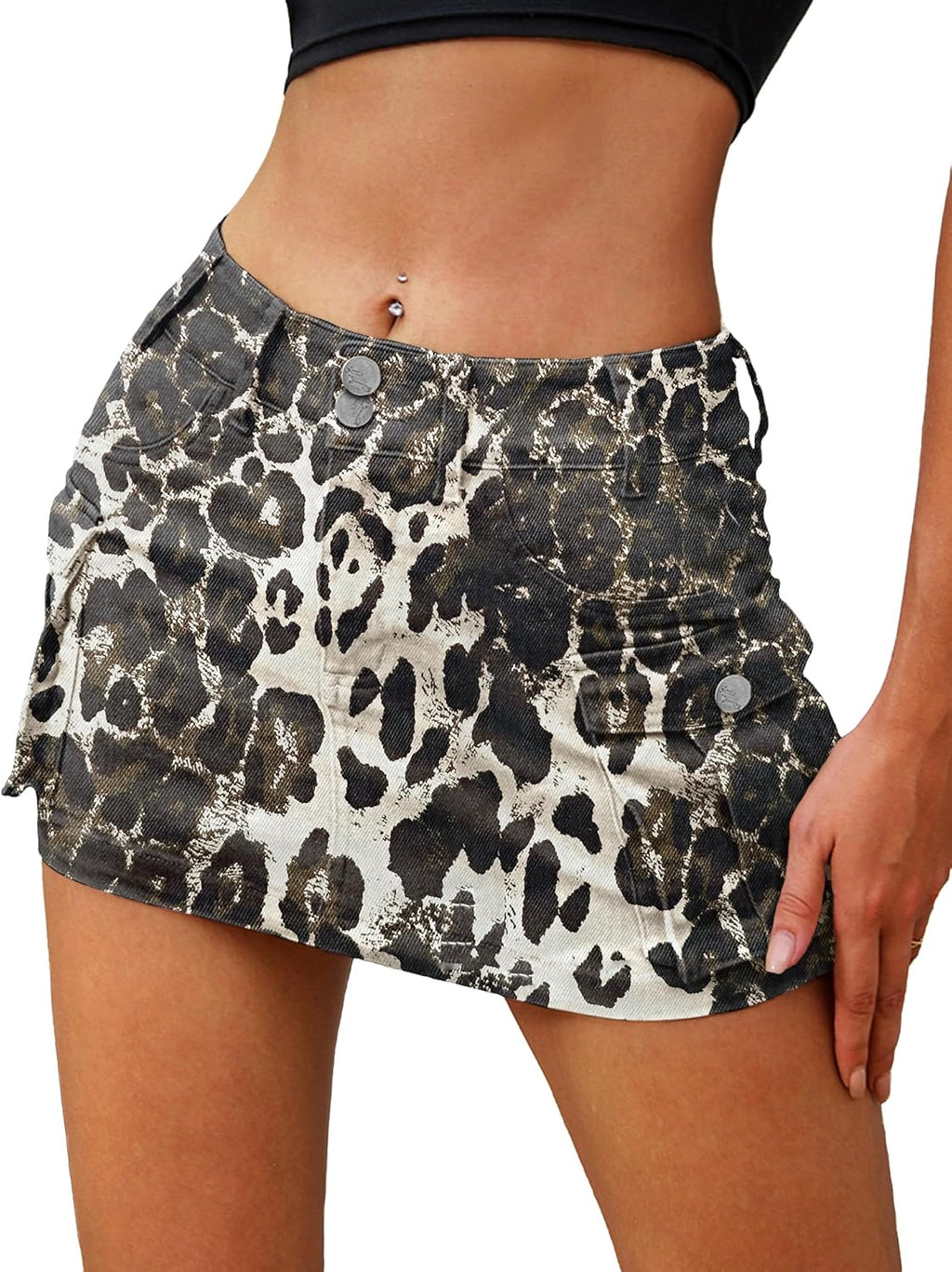 High Stretchy Cargo Skirt for Women White Leopard Print